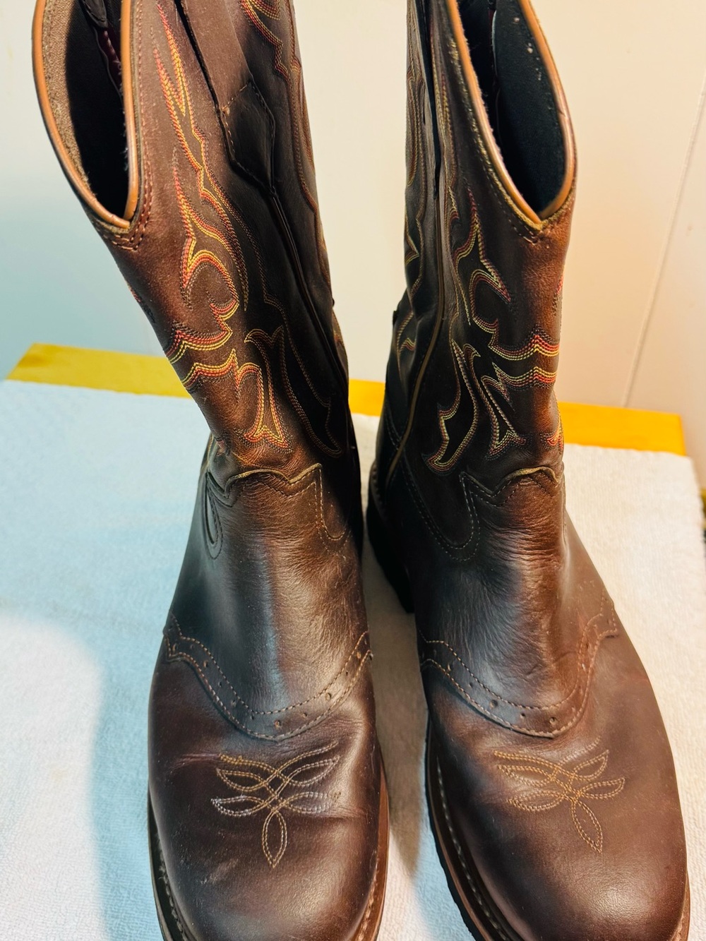 Men's Brown Leather Western Work Boots - Embroidered Shaft - Picture 10 of 11